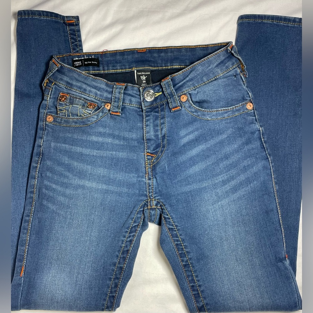 True Religion Women's Jennie Curvy Mid Rise Skinny Jeans Dark Blue Size 26x27